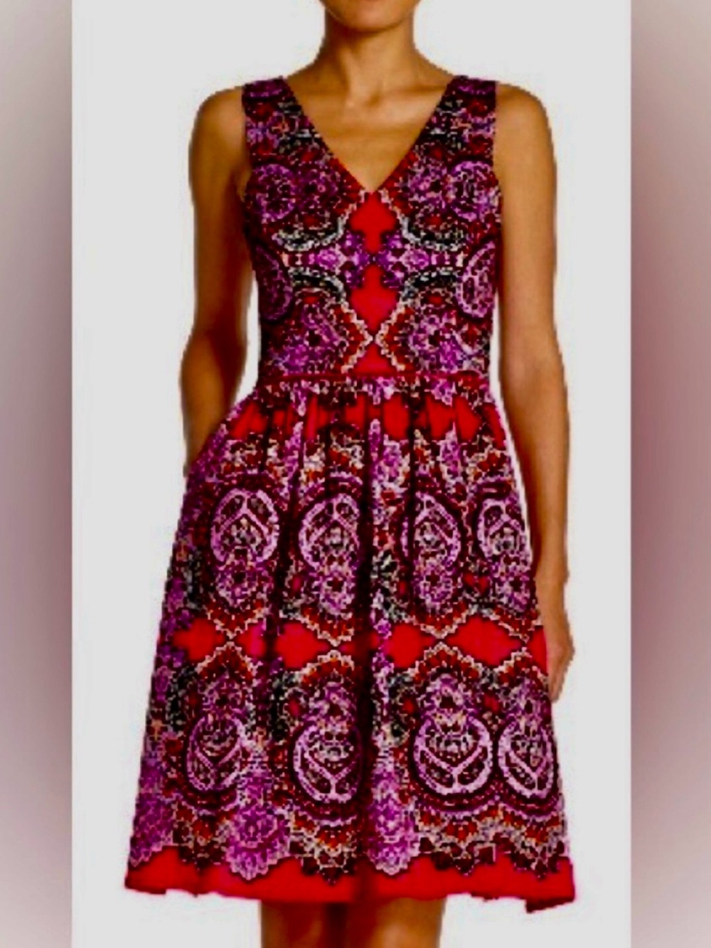 Maggy London vibrant Pink with Purple Black Floral v-neck Cocktail Dress